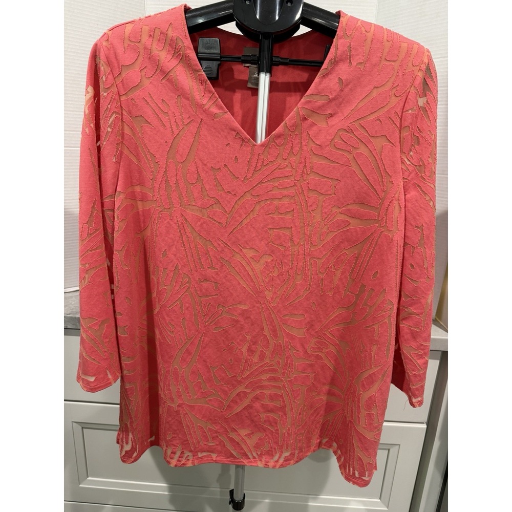 Chico's Pink/ Coral Burnout Knit V-Neck 3/4 Sleeve Tunic Top Women's Sz 3